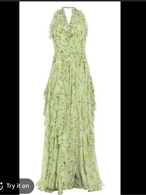 cinq a sept Agatha Light Green Floral Ruffled Maxi Dress